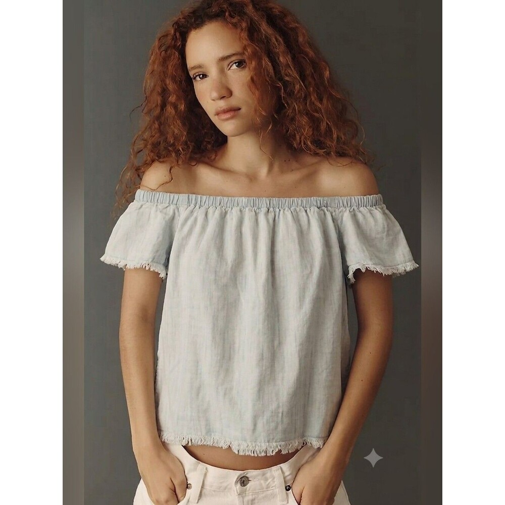 Anthropologie Cloth & Stone Light Blue Gray Off Shoulder Frayed Hem Top